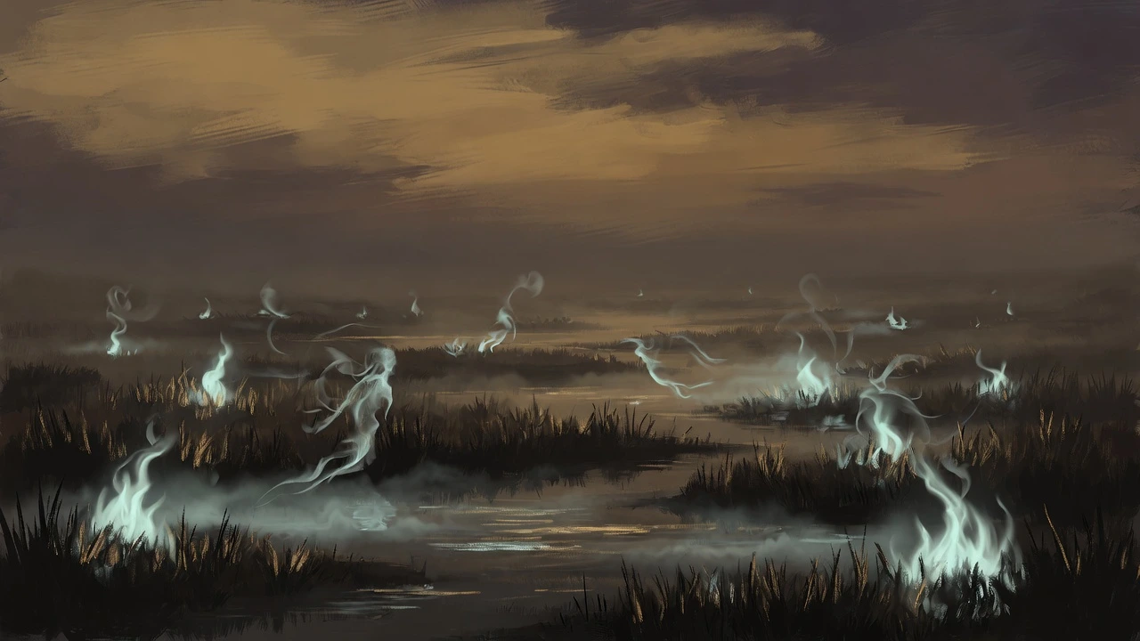 A misty twilight marsh scattered with faint will-o'-the-wisp lights, representing alcohol-free and de-alcoholised beers from 0.0% to 0.9% ABV.