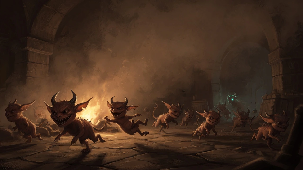 Several small impish creatures scampering through a warm, dim tavern-lit scene, representing very low-strength session beers from 1.0% to 1.9% ABV.