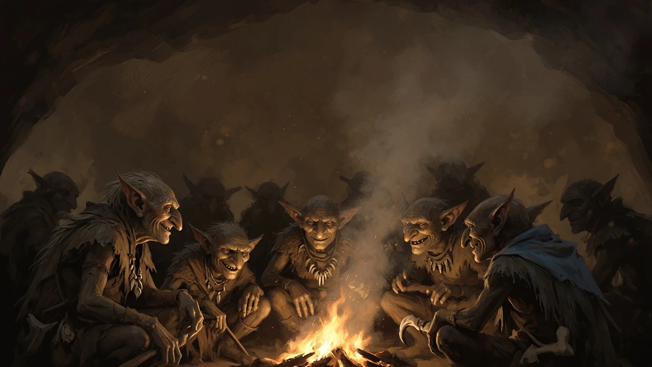 A band of small goblins gathered in a shadowy firelit cave, representing light, characterful low-strength beers from 2.0% to 2.9% ABV.