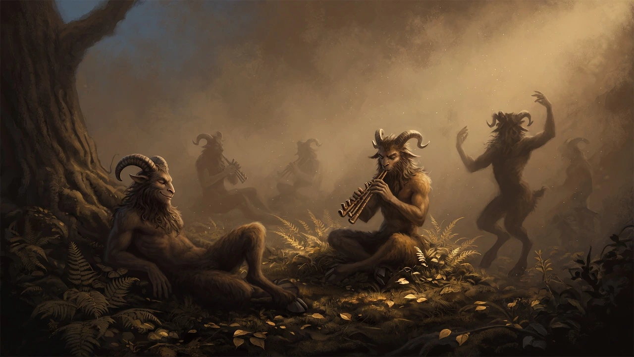 Several fauns dancing and reclining in a warm sunlit forest glade, representing convivial session beers from 3.0% to 3.9% ABV.