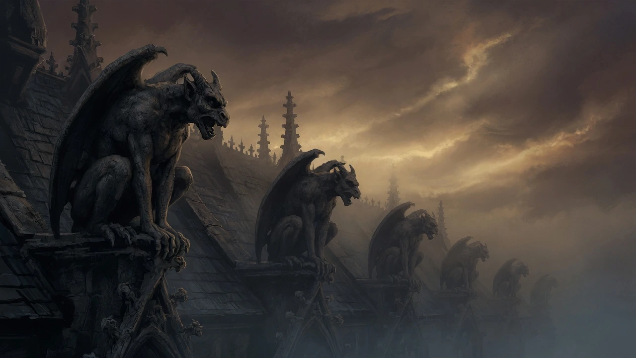 Row of weathered stone gargoyles crouched along a cathedral roofline at dusk, representing standard-strength everyday beers from 4.0% to 4.9% ABV.