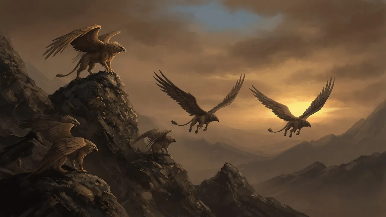 Griffins perched and taking flight from a high rocky crag at golden dusk, representing confident full-strength beers from 5.0% to 5.9% ABV.