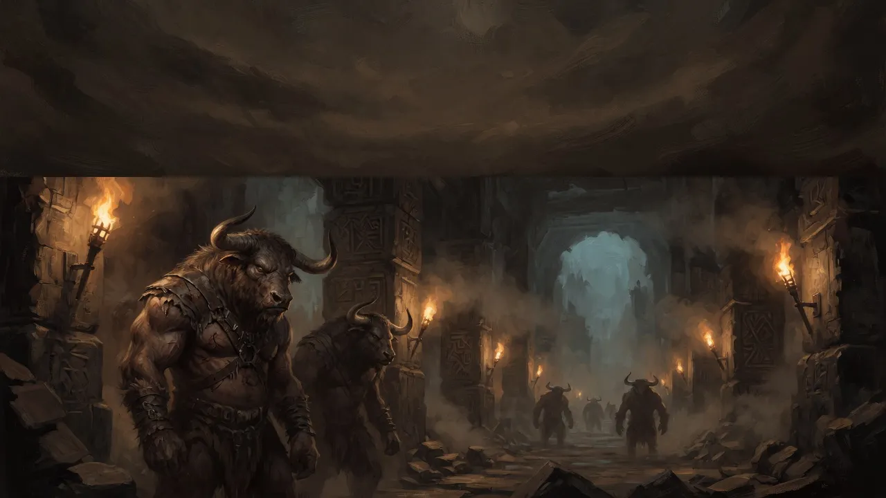 Minotaurs within the shadowed stone passages of a labyrinth, representing strong, muscular beers from 6.0% to 6.9% ABV.