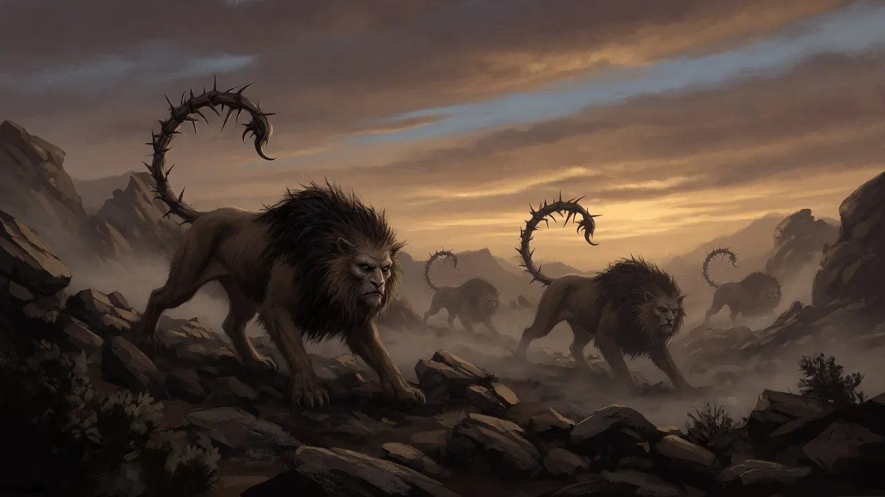 Manticores prowling a shadowed rocky wilderness at dusk, representing powerful, deceptively smooth strong beers from 7.0% to 7.9% ABV.