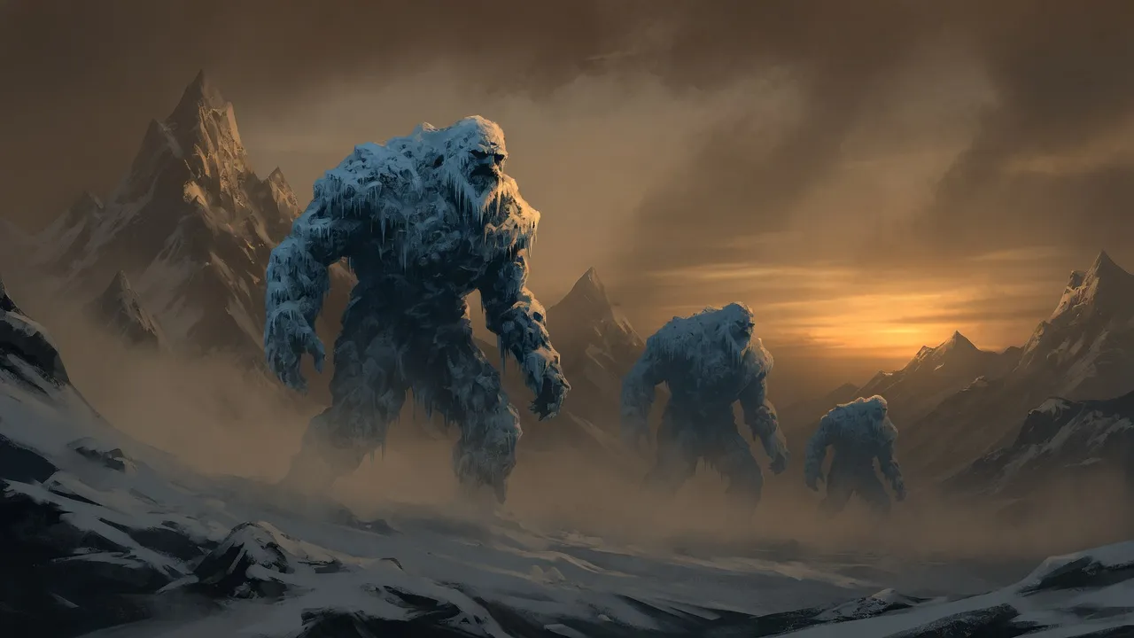 Colossal frost giants striding through a bleak frozen mountain landscape, representing rich, warming strong beers from 8.0% to 8.9% ABV.