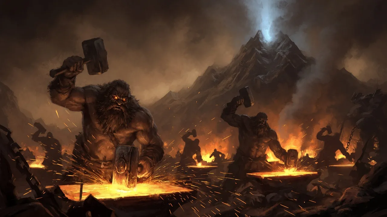 Cyclopes labouring at a fiery mountain forge, representing intense forged strong beers from 9.0% to 9.9% ABV.