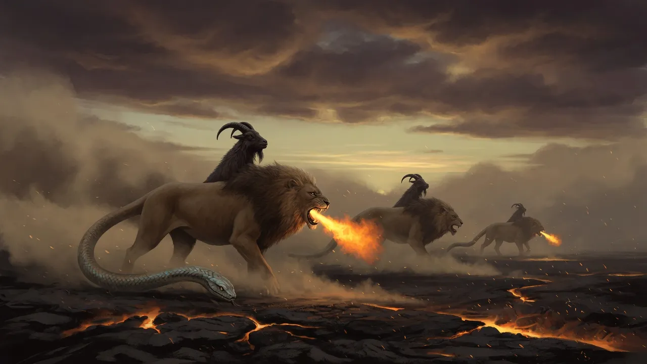 Chimeras prowling a scorched volcanic landscape, representing rich, barrel-aged hybrid beers from 11.0% to 11.9% ABV.