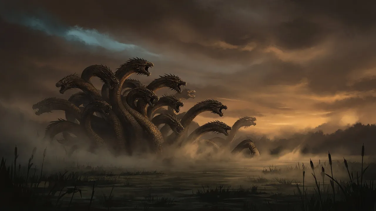 A many-headed hydra rising from a shadowed swamp, representing immense, layered barrel-aged beers from 12.0% to 12.9% ABV.
