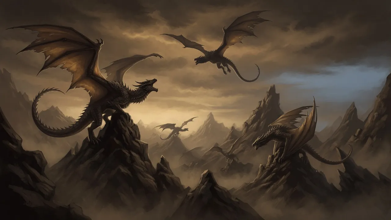Wyverns wheeling above jagged mountain crags at dusk, representing extreme-strength beers from 13.0% to 13.9% ABV.