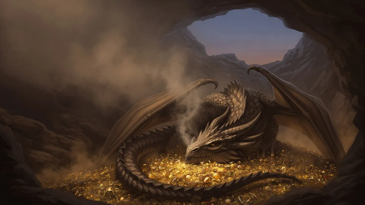 A mighty dragon coiled upon its hoard in a cavernous lair, representing the strongest naturally-fermented beers from 14.0% to 14.9% ABV.