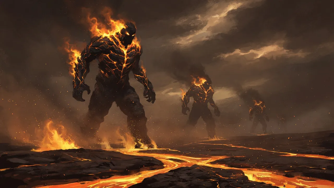Colossal fire giants striding through a molten volcanic landscape, representing extreme, ice-concentrated beers from 15.0% to 15.9% ABV.