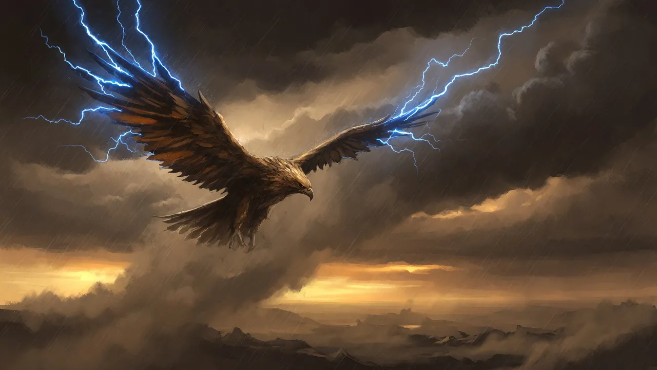 A colossal thunderbird soaring through a stormy sky trailing lightning, representing extreme, wide-ranging beers from 16.0% to 16.9% ABV.