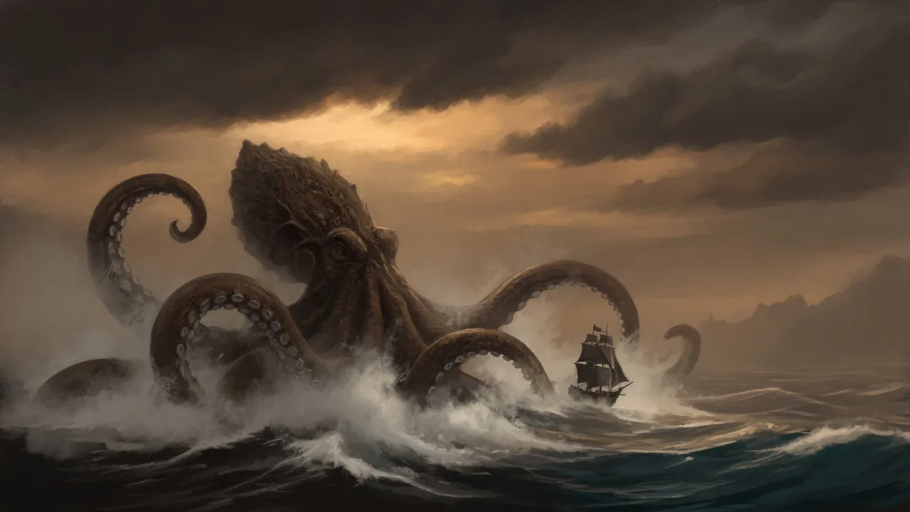 A giant kraken surfacing amid stormy seas to seize a ship, representing extreme, deep-strength beers from 17.0% to 17.9% ABV.