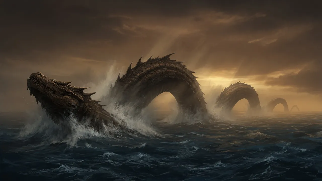 A colossal leviathan sea-serpent coiling through deep dark ocean, representing rare, extreme beers from 19.0% to 19.9% ABV.