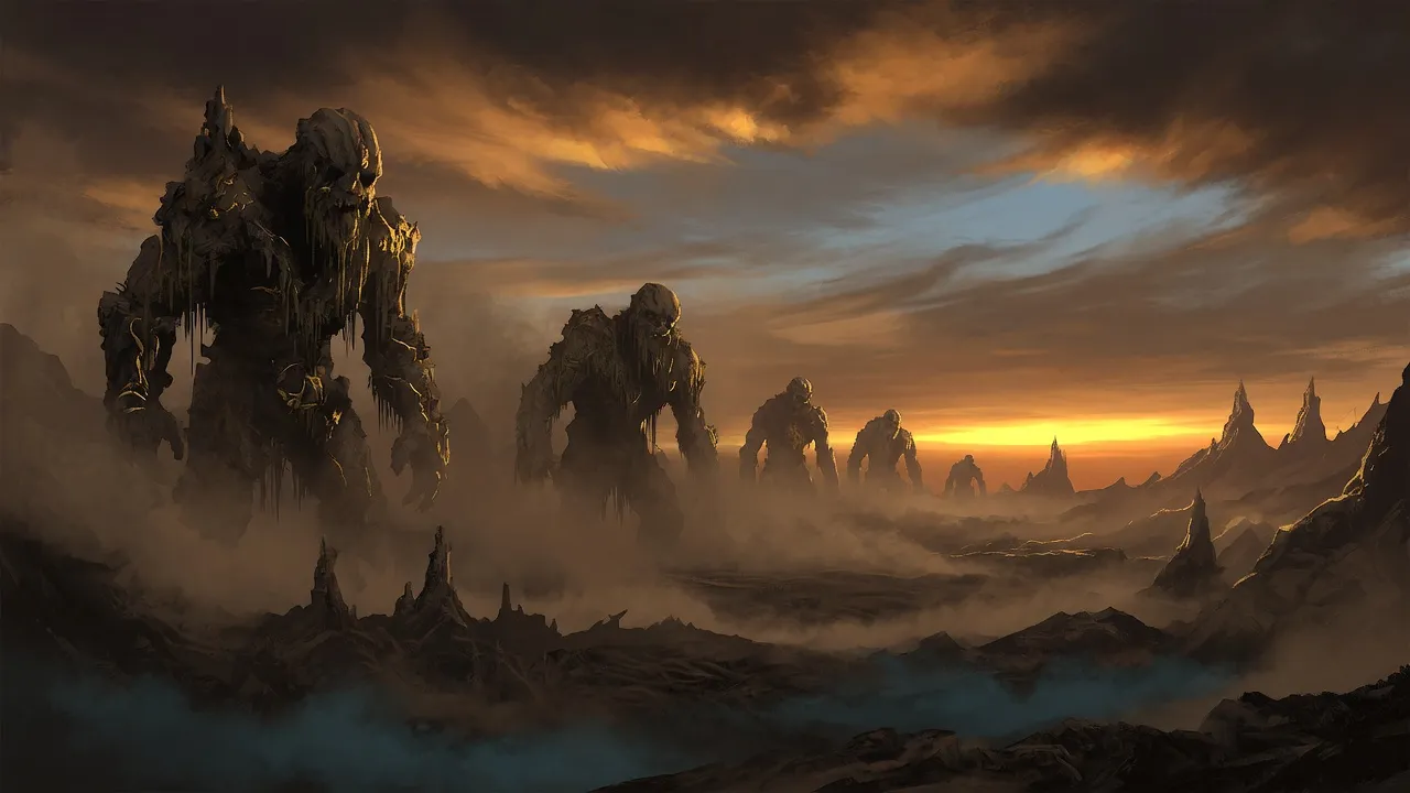 Towering primordial titans standing amid a vast elemental landscape of earth and sky, representing extreme beers from 20.0% to 20.9% ABV.