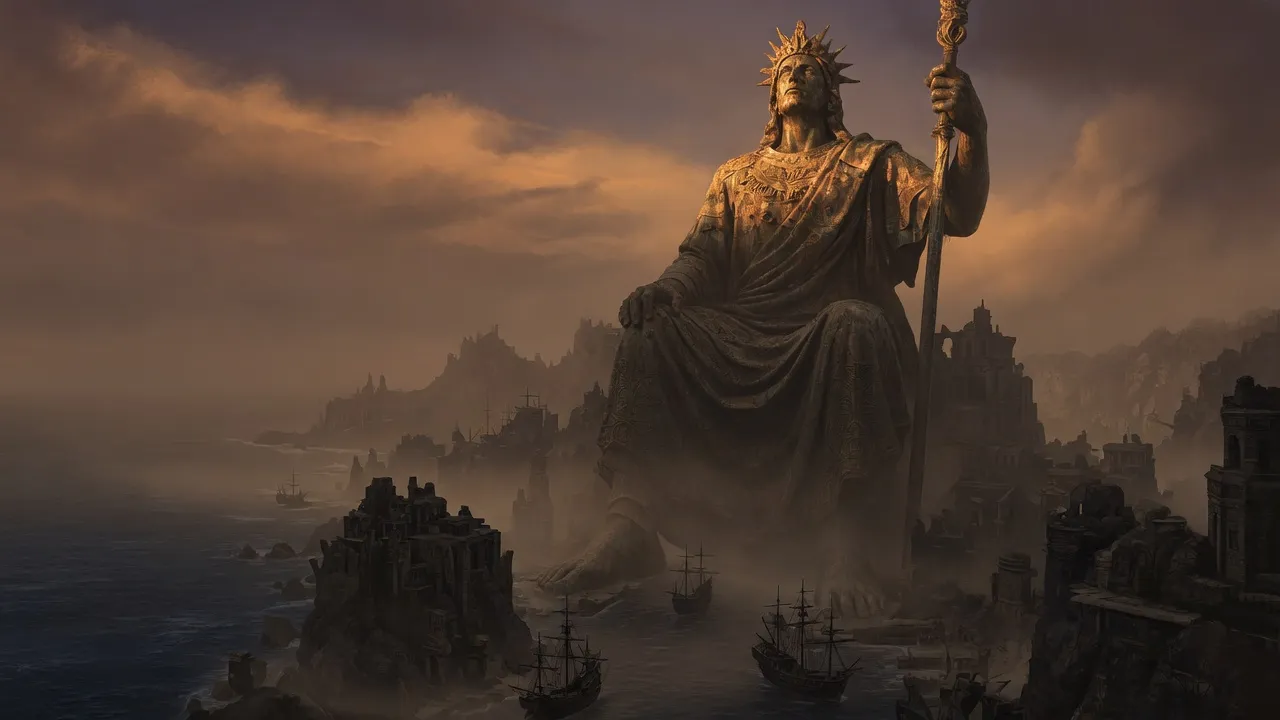A towering bronze colossus statue bestriding a harbour at dusk, representing extreme, constructed beers from 21.0% to 21.9% ABV.