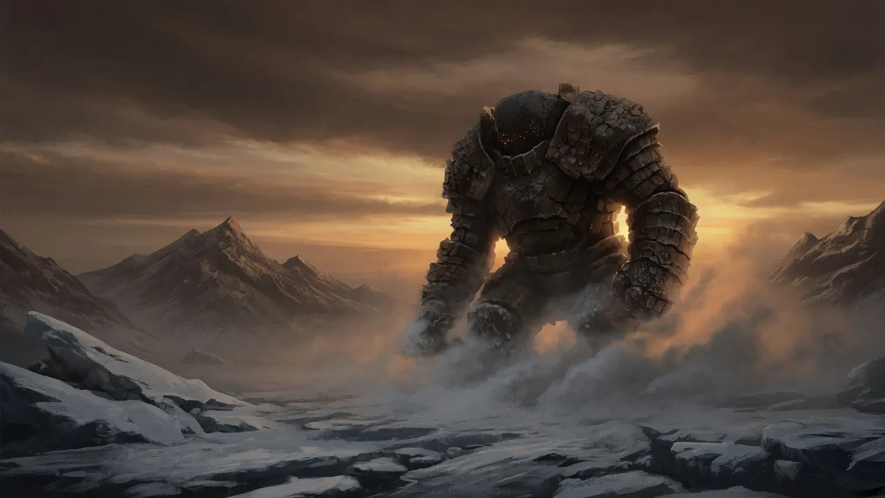 A colossal armoured juggernaut grinding forward across a bleak frozen landscape, representing extreme freeze-concentrated beers from 22.0% to 22.9% ABV.