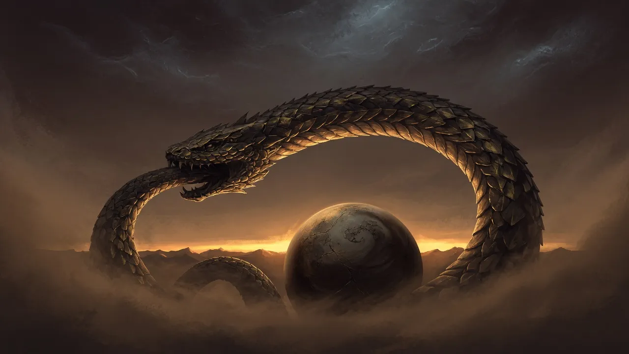 A colossal world-encircling serpent coiling around the earth beneath a dark mythic sky, representing near-impossible beers from 23.0% to 23.9% ABV.