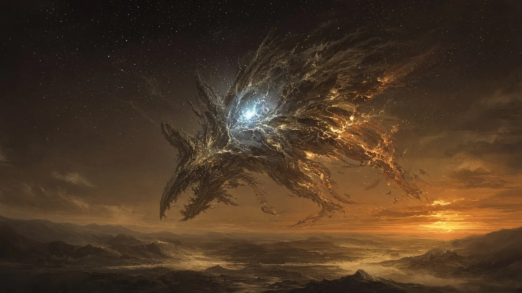 A vast cosmic star-beast descending through a starlit night sky, representing near-impossible beers from 25.0% to 25.9% ABV.
