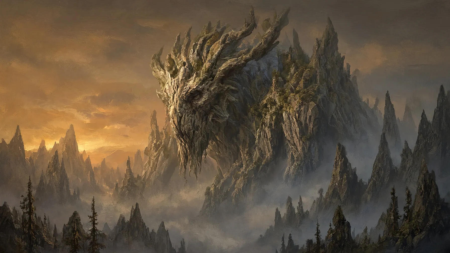 A colossal ancient elder beast rising in a vast primeval landscape at dusk, representing near-impossible beers from 27.0% to 27.9% ABV.
