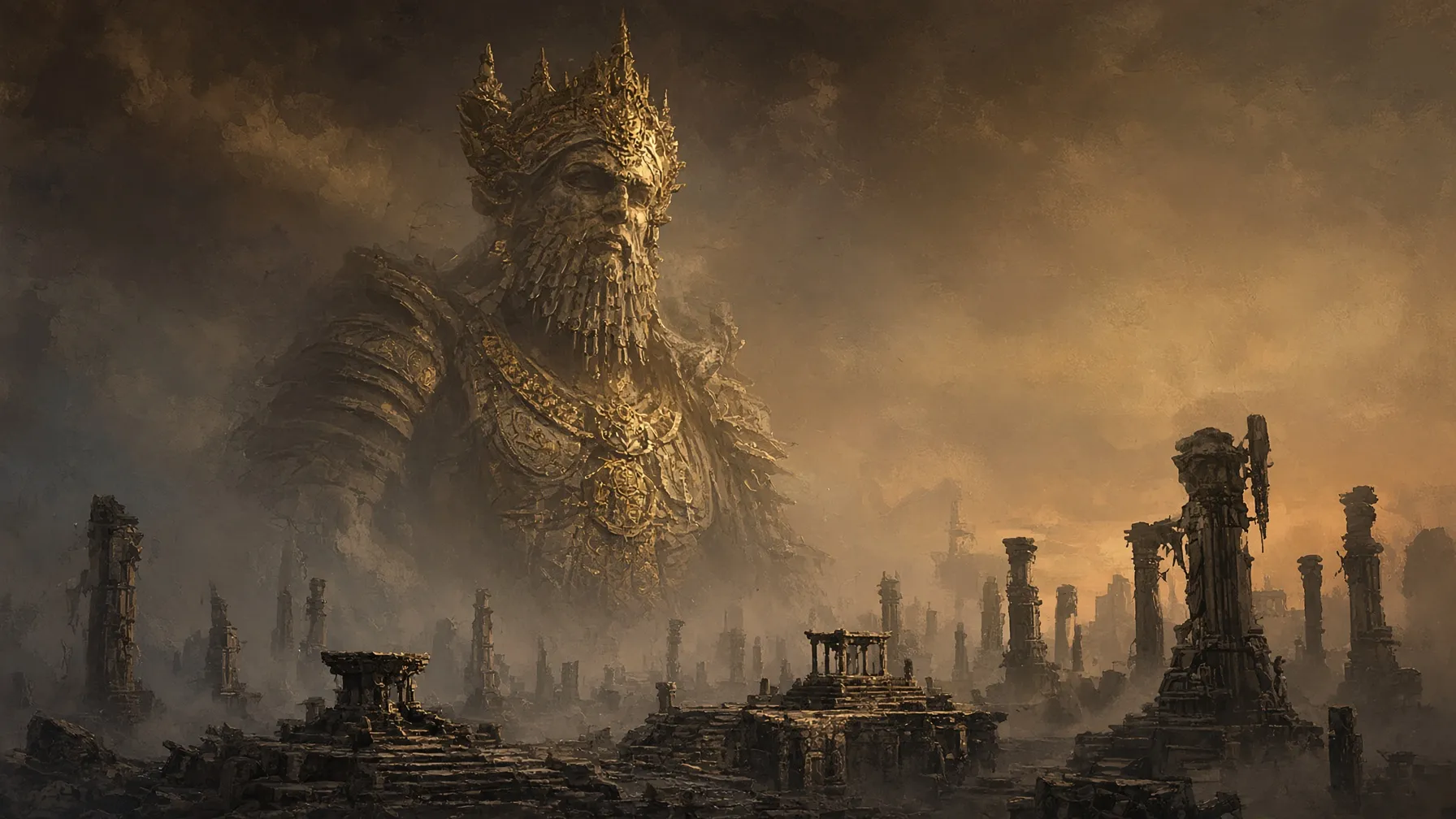 A colossal forgotten deity looming over a ruined ancient temple at dusk, representing near-impossible beers from 28.0% to 28.9% ABV.