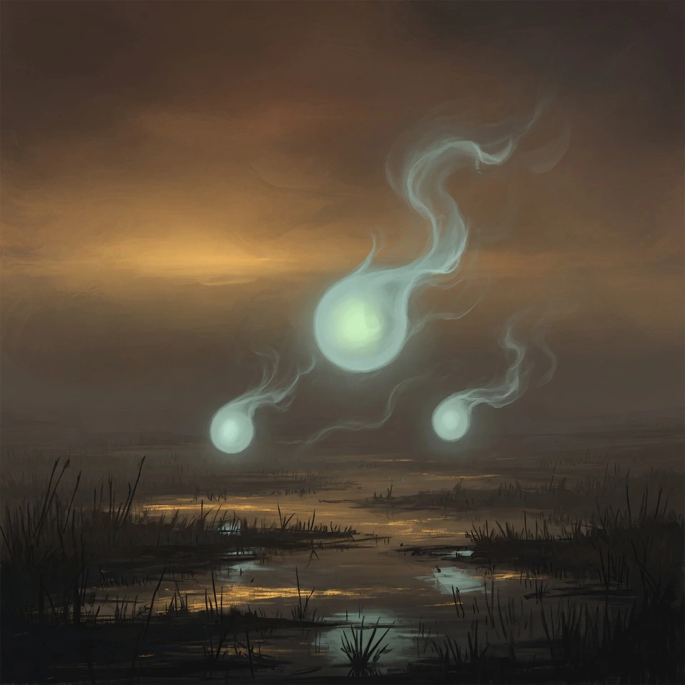 Pale blue-green will-o'-the-wisp lights drifting over dark marshland - emblem of Hop Horizons' 0.0–0.9% ABV alcohol-free beer category, The Wisps.