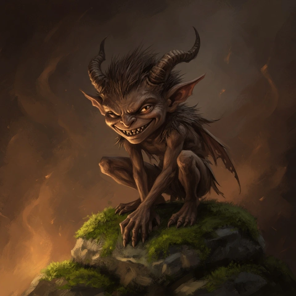 A small mischievous imp creature crouched in warm firelit shadow - emblem of Hop Horizons' 1.0–1.9% ABV ultra-low-strength beer category, The Imps.