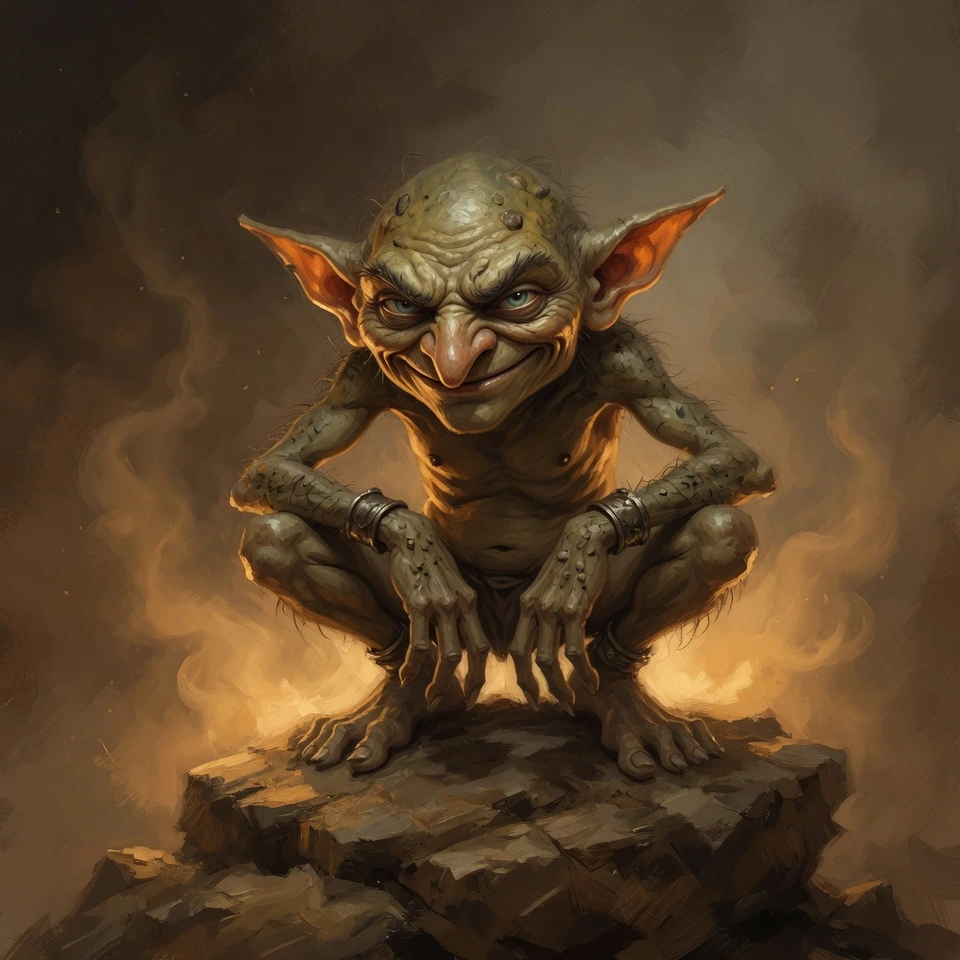 A cunning little goblin crouched in warm, dim light, emblem of Hop Horizons' 2.0–2.9% ABV low-strength beer category, The Goblins.