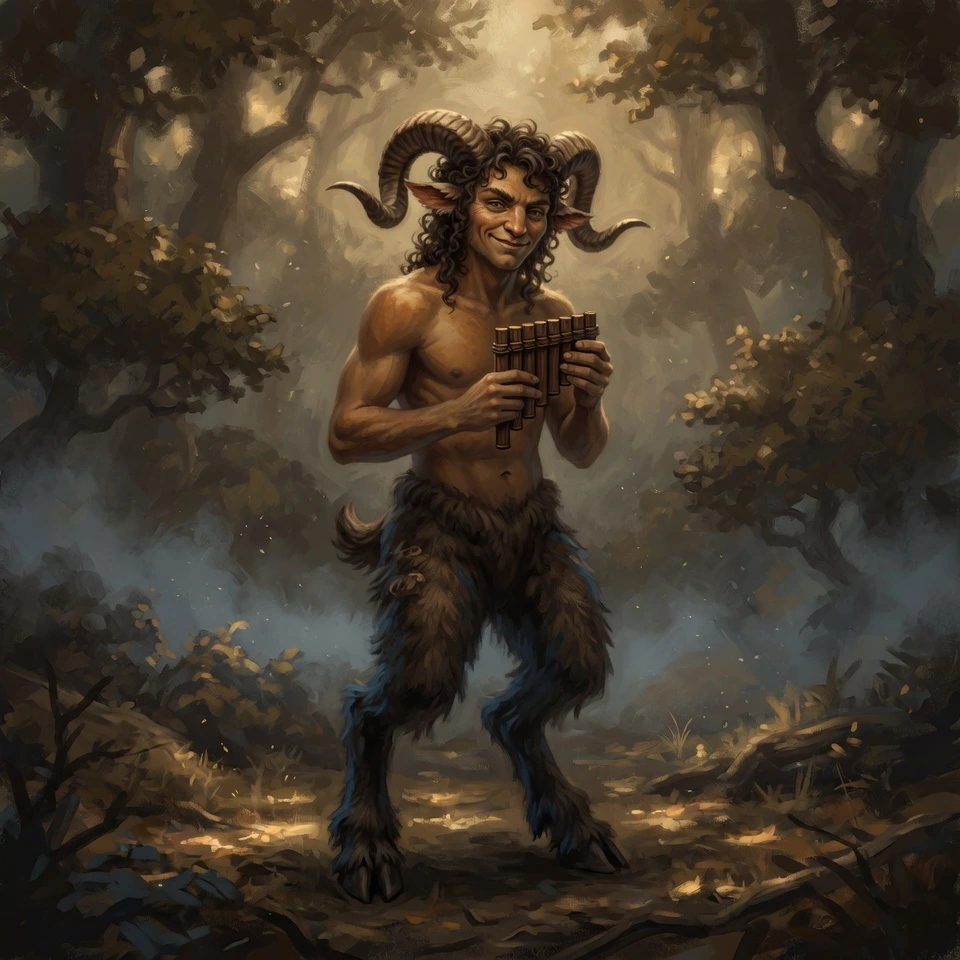 A gentle horned faun with goat legs standing in dappled woodland light.  Emblem of Hop Horizons' 3.0–3.9% ABV session beer category, The Fauns.