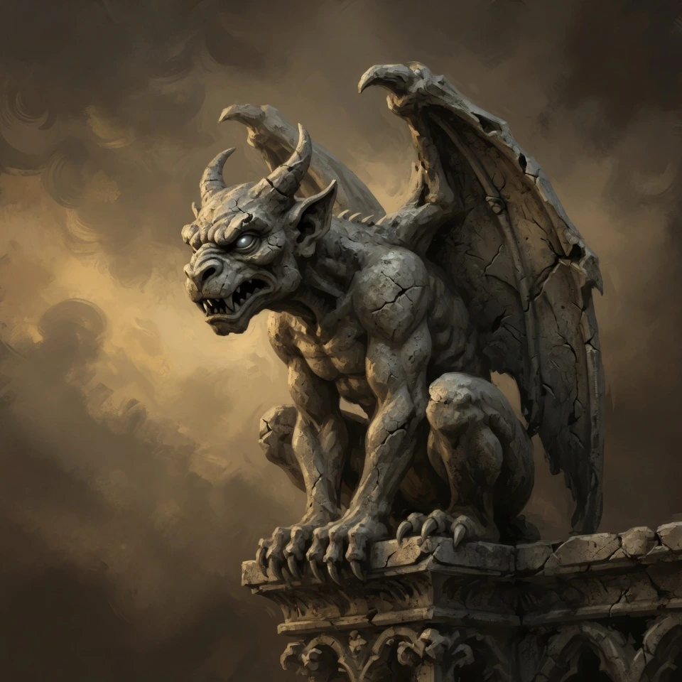 Weathered stone gargoyle perched and watchful against a dim sky, emblem of Hop Horizons' 4.0–4.9% ABV standard-strength beer category, The Gargoyles.
