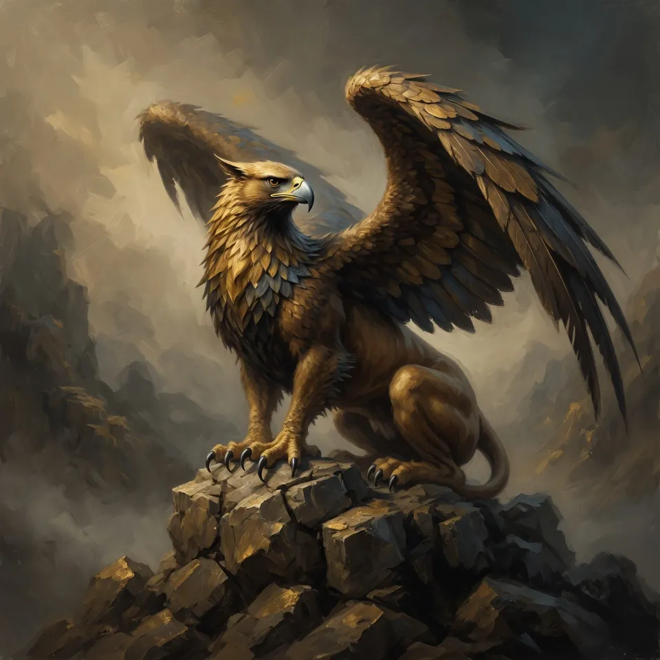 A noble griffin with an eagle's head and lion's body, poised and alert.  Emblem of Hop Horizons' 5.0–5.9% ABV full-strength beer category, The Griffins.