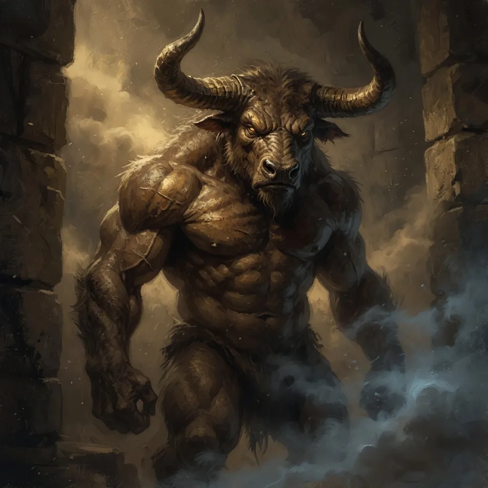 Powerful bull-headed minotaur standing in dim light - emblem of Hop Horizons' 6.0–6.9% ABV strong beer category, The Minotaurs.