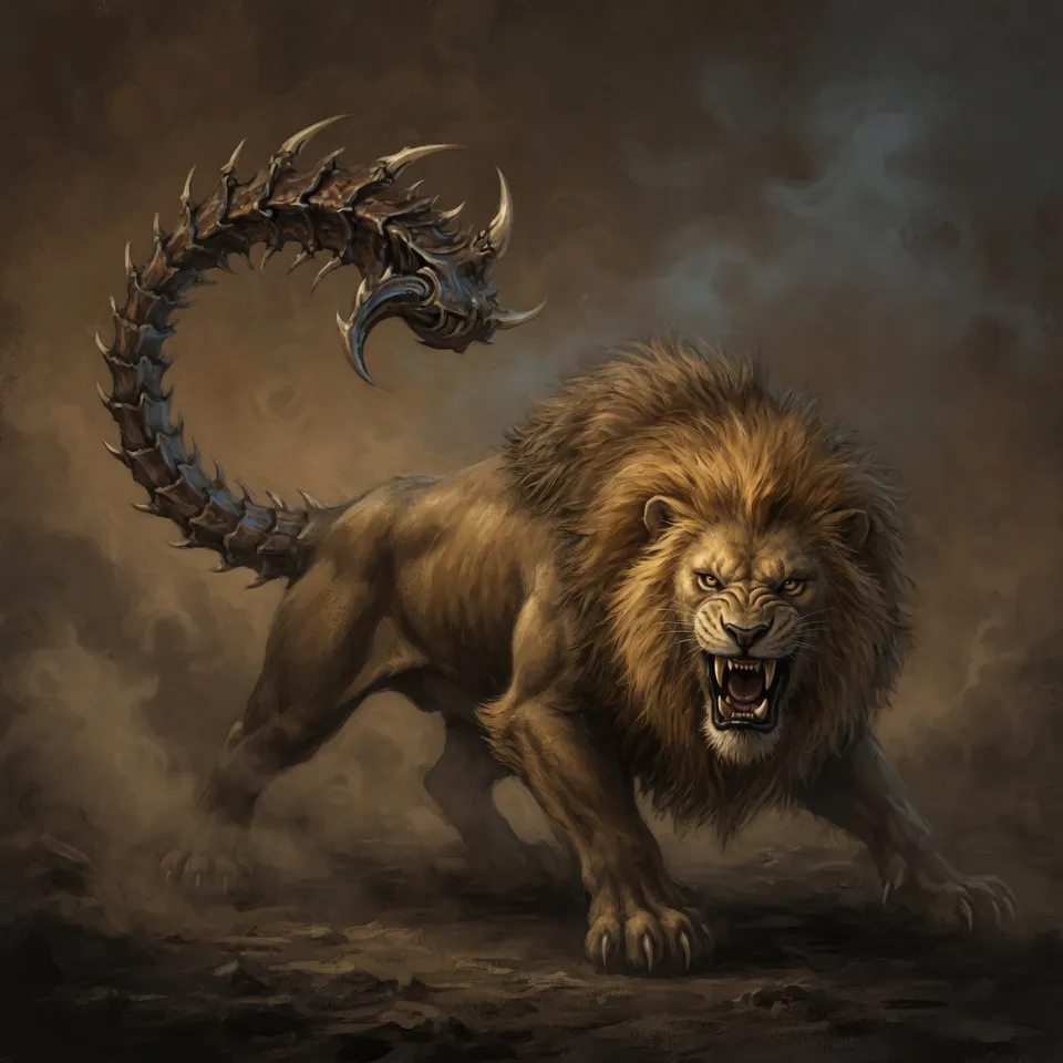 A manticore with a lion's body and barbed scorpion tail, prowling in dim light - emblem of Hop Horizons' 7.0–7.9% ABV strong beer category, The Manticores.