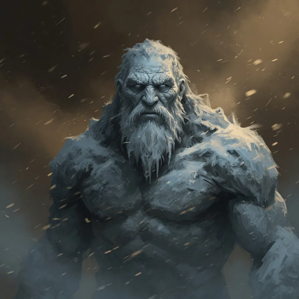 A towering frost giant of ice and storm looming in dim light - emblem of Hop Horizons' 8.0–8.9% ABV strong winter-beer category, The Frost Giants.