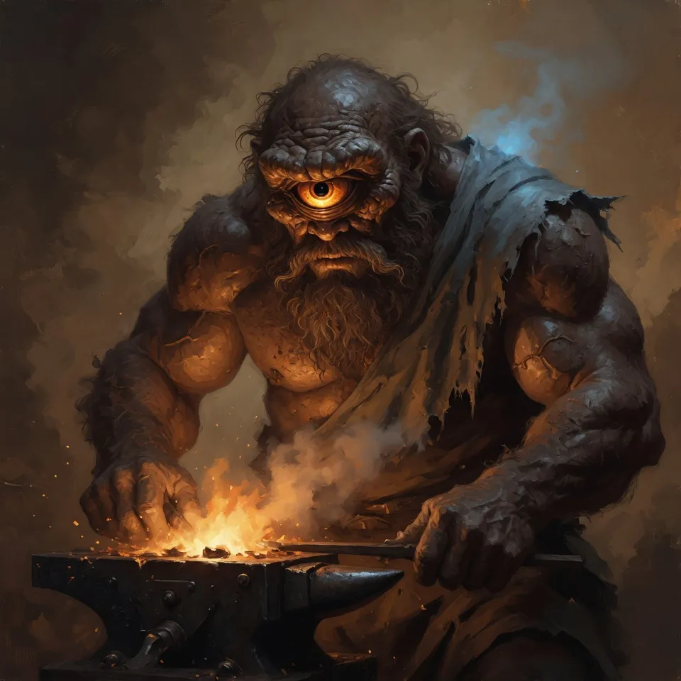 Towering one-eyed cyclops lit by forge-fire, emblem of Hop Horizons' 9.0–9.9% ABV strong barrel-aged beer category, The Cyclopes.