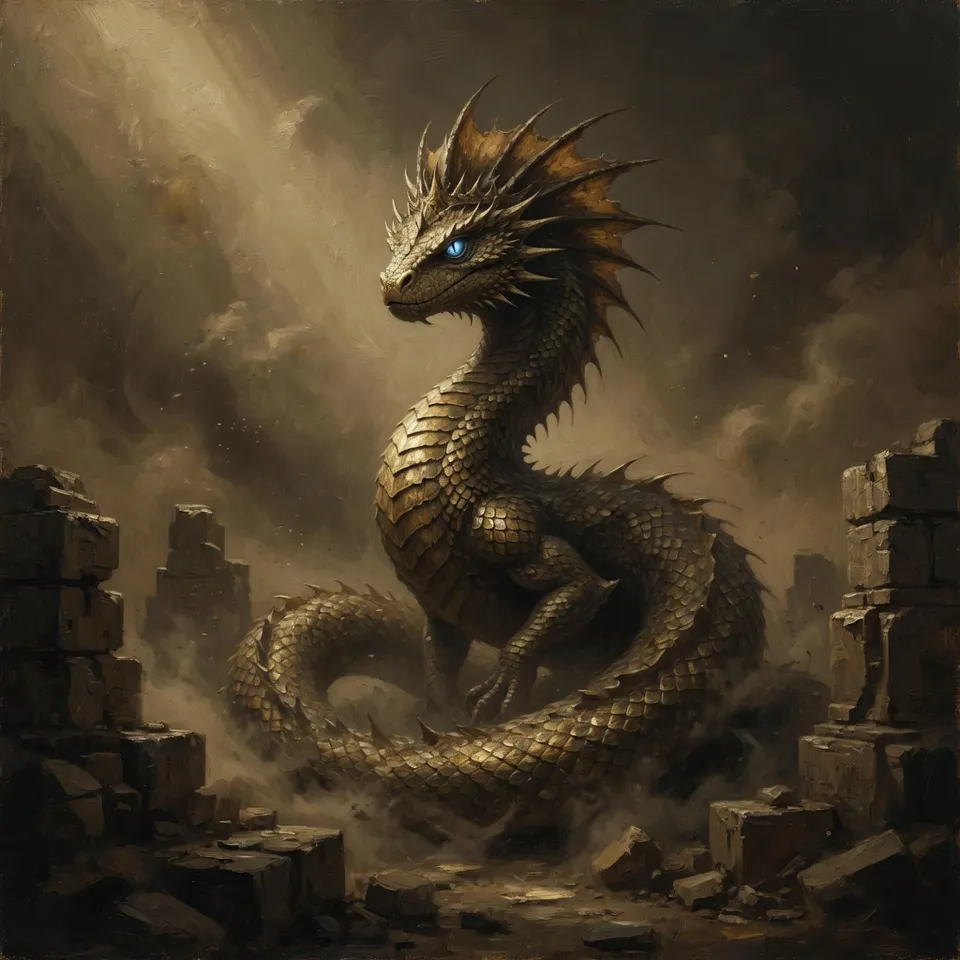 A crowned serpentine basilisk coiled in dim light with a deadly gaze.  Emblem of Hop Horizons' 10.0–10.9% ABV very strong beer category, The Basilisks.