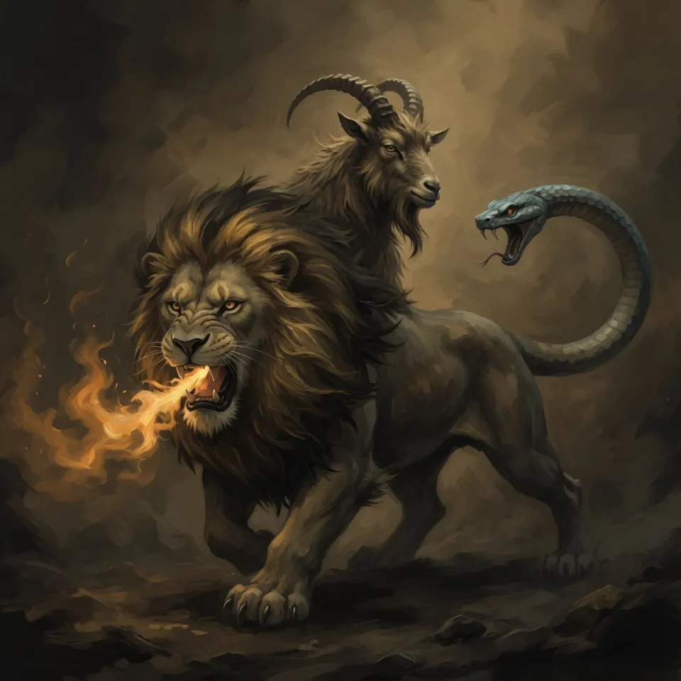 A fire-breathing chimera with lion, goat and serpent parts fused together.  Emblem of Hop Horizons' 11.0–11.9% ABV very strong beer category, The Chimeras.