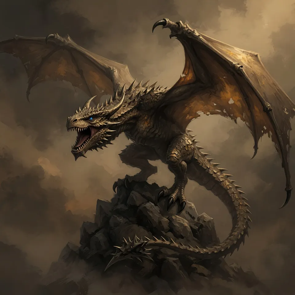 A two-legged winged wyvern poised on a crag in dim light... emblem of Hop Horizons' 13.0–13.9% ABV extreme-strength beer category, The Wyverns.