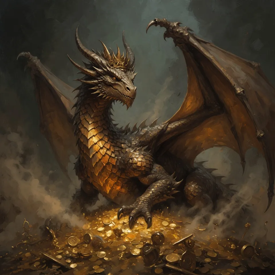 A great four-legged winged dragon curled watchfully in dim light - emblem of Hop Horizons' 14.0–14.9% ABV extreme-strength beer category, The Dragons.