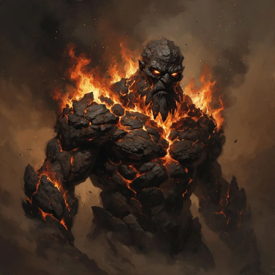 A towering fire giant wreathed in molten flame in dim light - emblem of Hop Horizons' 15.0–15.9% ABV extreme-strength beer category, The Fire Giants.