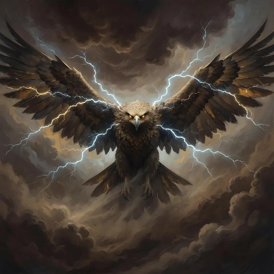 A vast storm-eagle thunderbird with lightning at its wings, in dim dramatic light - emblem of Hop Horizons' 16.0–16.9% ABV extreme-strength beer category, The Thunderbirds.