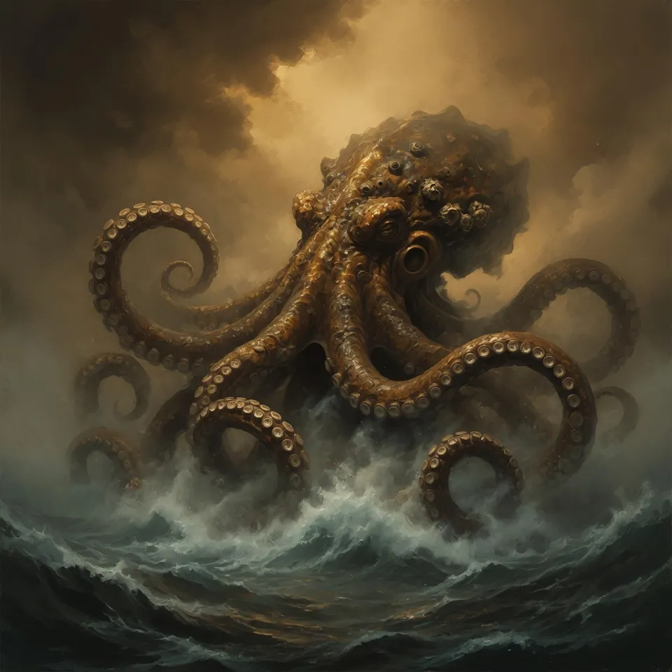 A colossal tentacled kraken rising from dark water in dim light - emblem of Hop Horizons' 17.0–17.9% ABV extreme-strength beer category, The Krakens.