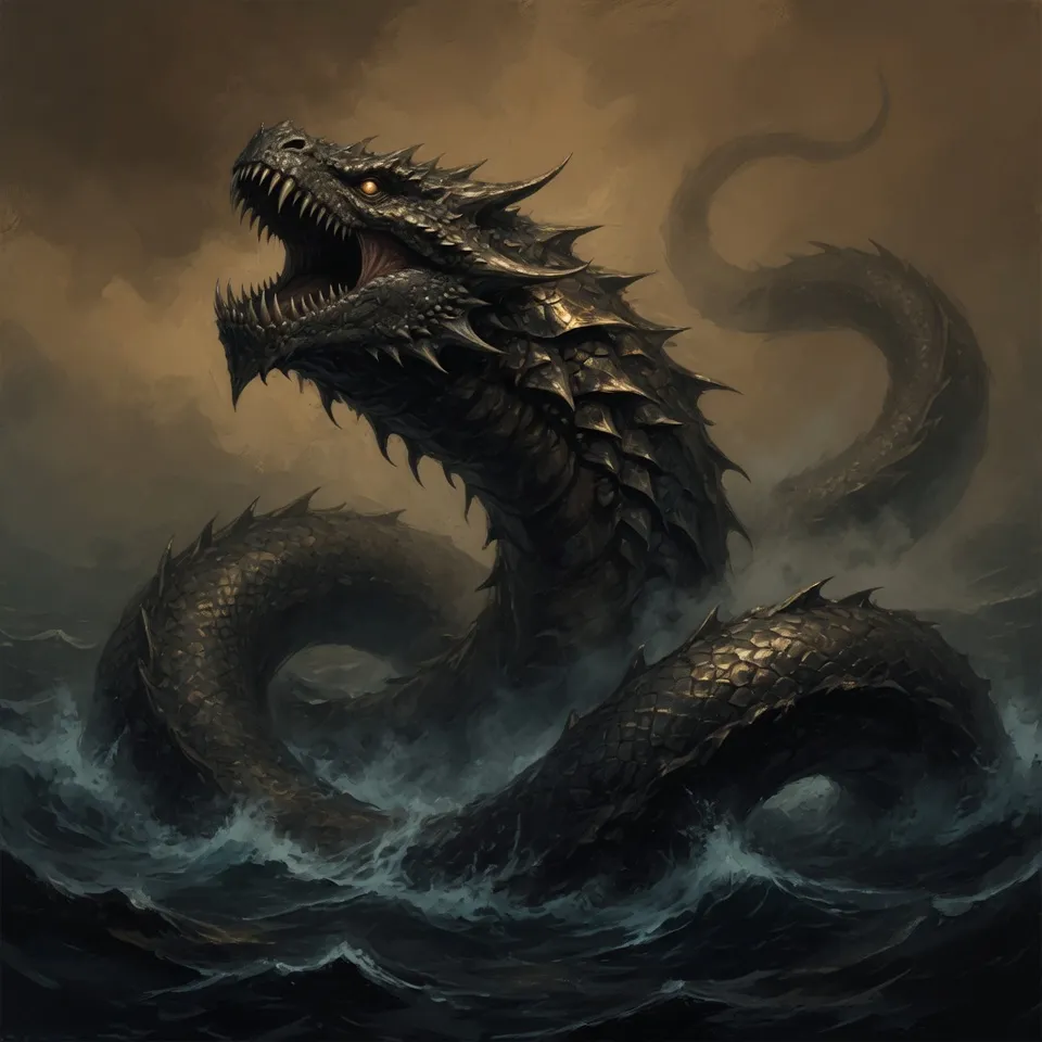 A vast coiling sea-serpent leviathan rising from dark water in dim light, emblem of Hop Horizons' 19.0–19.9% ABV extreme-strength beer category, The Leviathans.