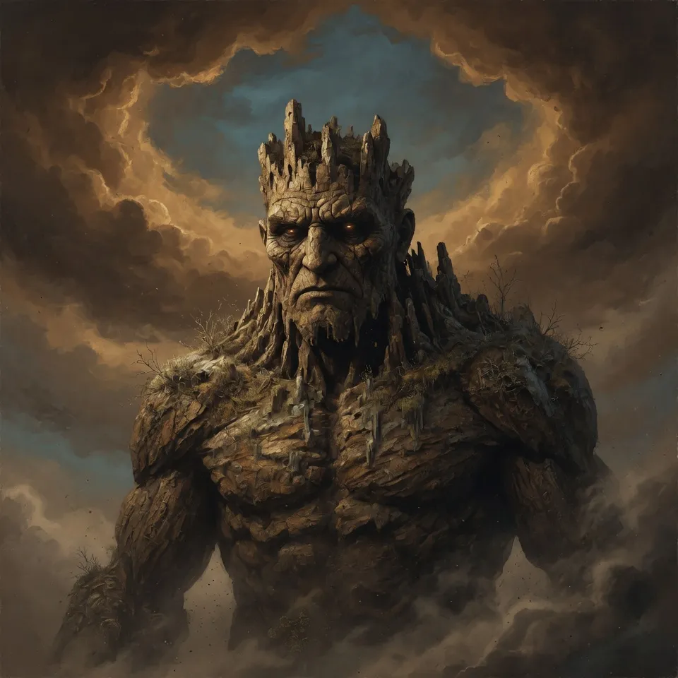 A colossal ancient titan figure looming in dim, elemental light, emblem of Hop Horizons' 20.0–20.9% ABV extreme-strength beer category, The Titans.