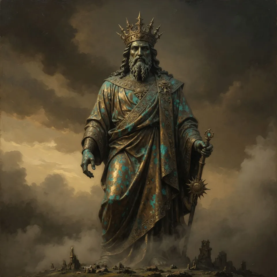 A vast bronze colossus statue looming in dim, dramatic light - emblem of Hop Horizons' 21.0–21.9% ABV extreme-strength beer category, The Colossi.