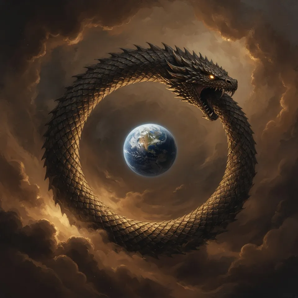 A vast serpent coiled around the world, grasping its own tail, in dim mythic light - emblem of Hop Horizons' 23.0–23.9% ABV extreme-strength beer category, The World Serpents.