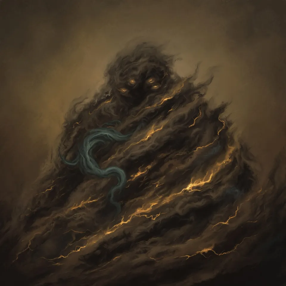 A vast formless primordial mass of shifting mist and elemental darkness in dim light.  Emblem of Hop Horizons' 24.0–24.9% ABV extreme-strength beer category, The Primordials.