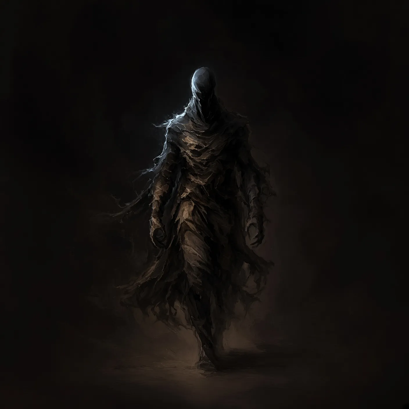 A dark spectral void-walker figure moving through empty starless blackness. Emblem of Hop Horizons' 26.0–26.9% ABV extreme-strength beer category, The Void Walkers.