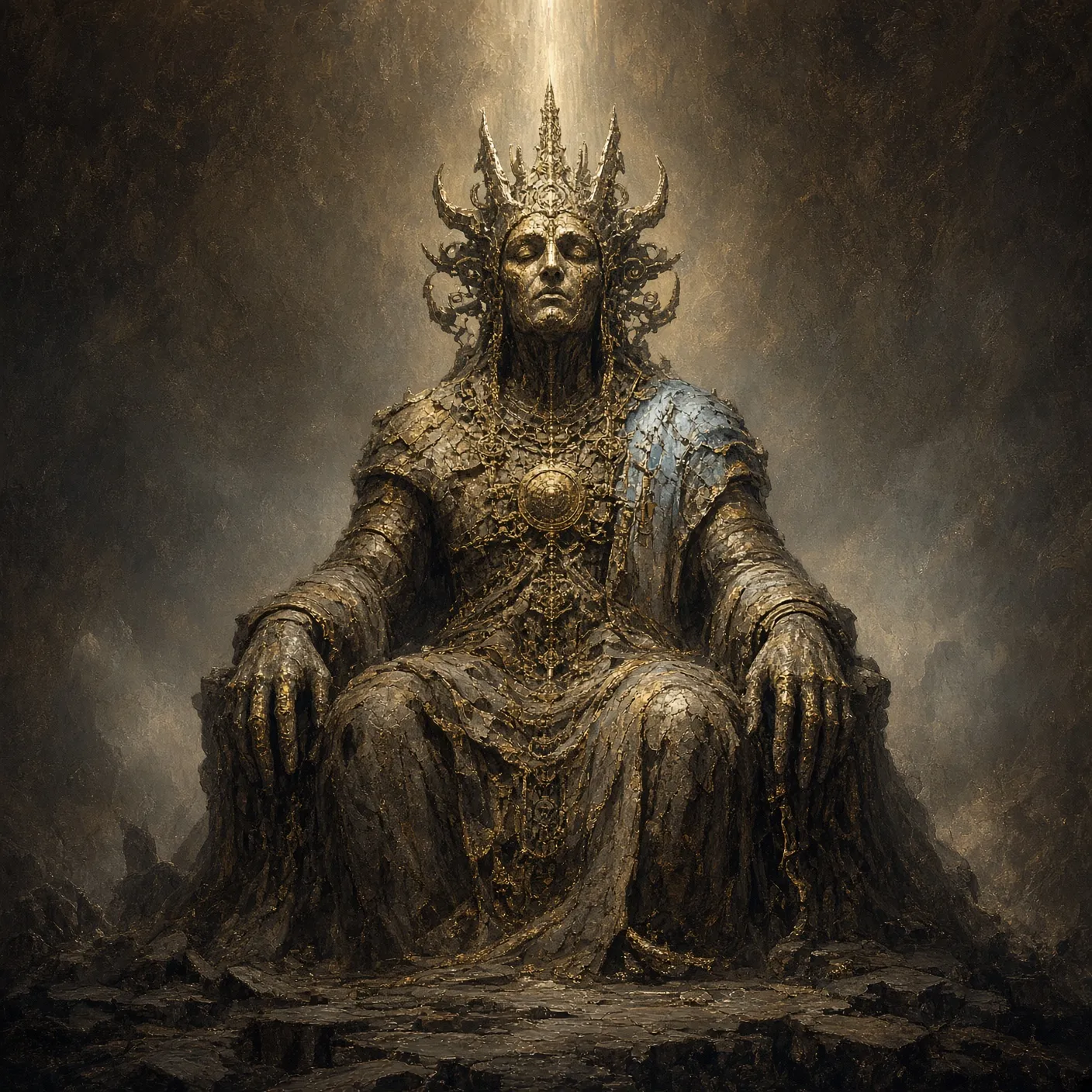 A vast, ancient forgotten god enthroned in dim sacred light.  Emblem of Hop Horizons' 28.0–28.9% ABV extreme-strength beer category, The Old Gods.