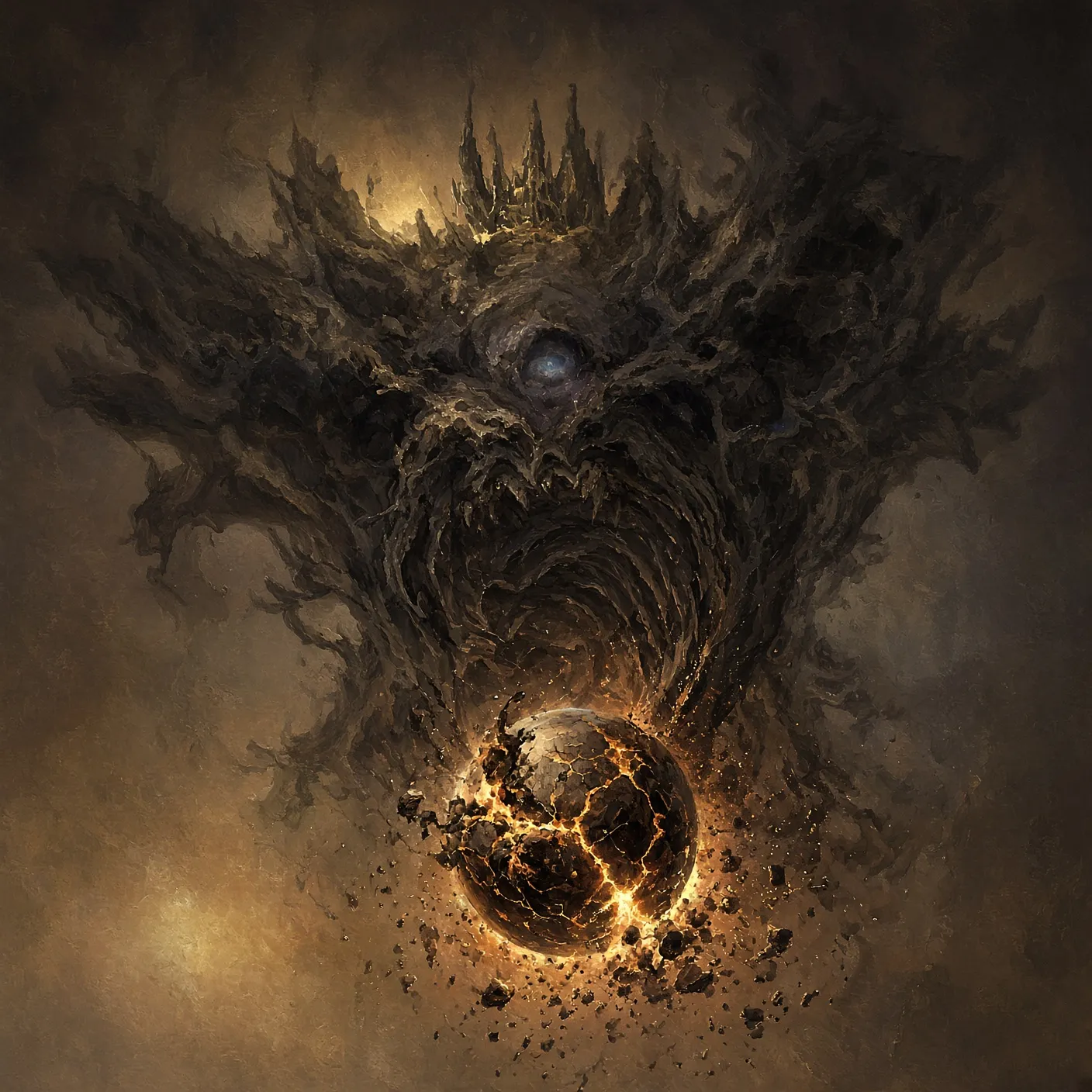 A colossal world-devouring entity consuming a dying world in apocalyptic light - emblem of Hop Horizons' 30.0%+ ABV extreme-strength beer category, The World Eaters, the summit of the Atlas.